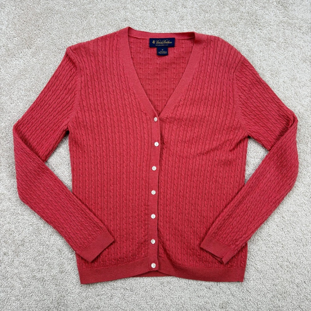 Brooks Brothers Women M Cardigan Pink Red Silk Cashmere Cable Knit Sweater